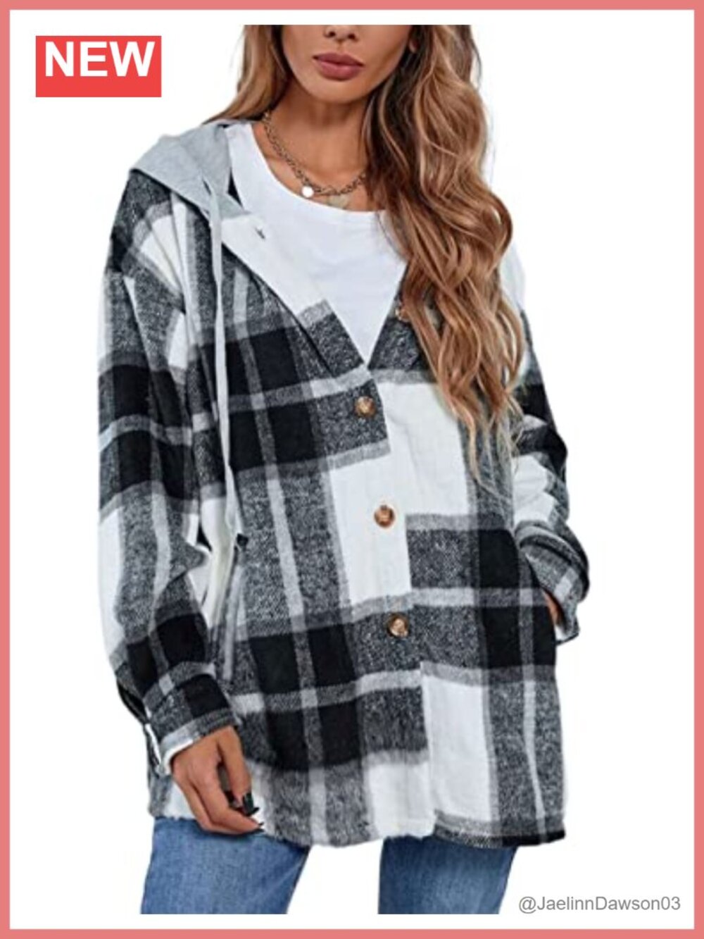 Women's Hooded Flannel Plaid Shacket Button Down Oversized Long Sleeve Coat